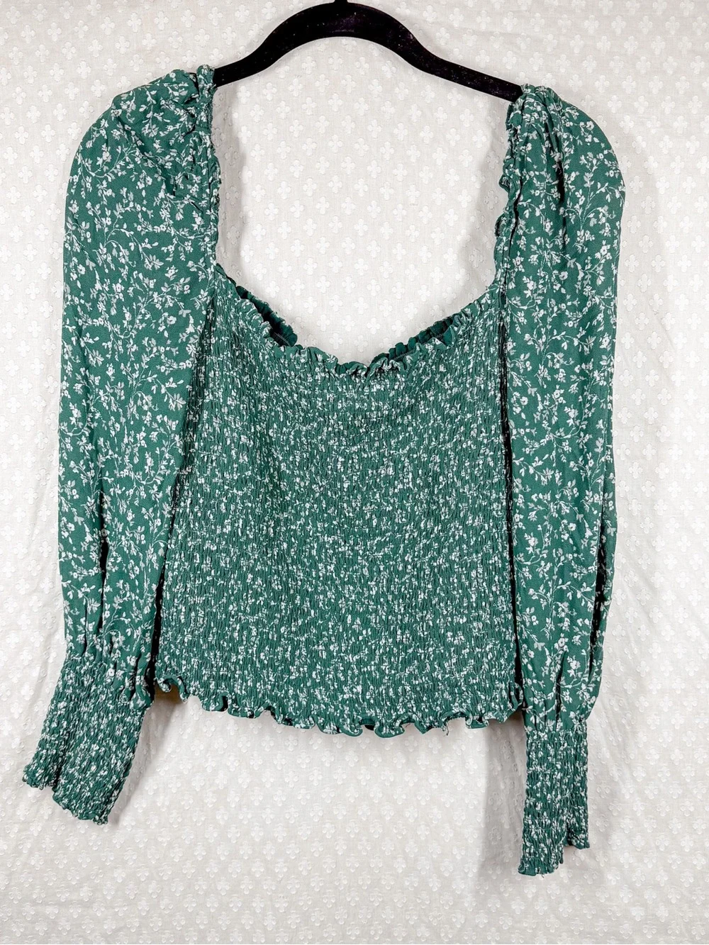 Reformation Green White Floral Smocked Pinto Puff Sleeve Top